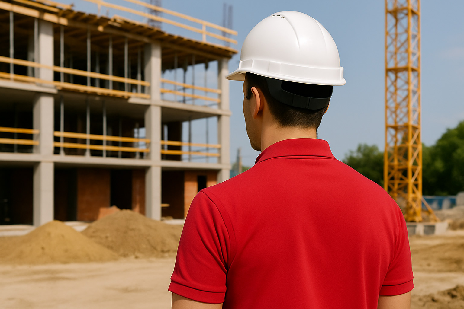 Mitarbeiter von Main-Alarm sieht sich eine Baustelle an